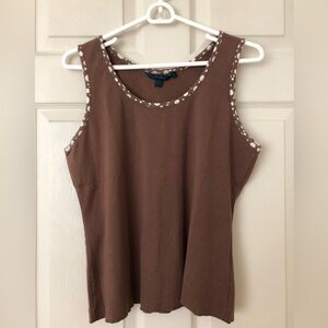 Boden Brown Cotton Knit Tank Top Polka Dot Trim Size UK16/US12